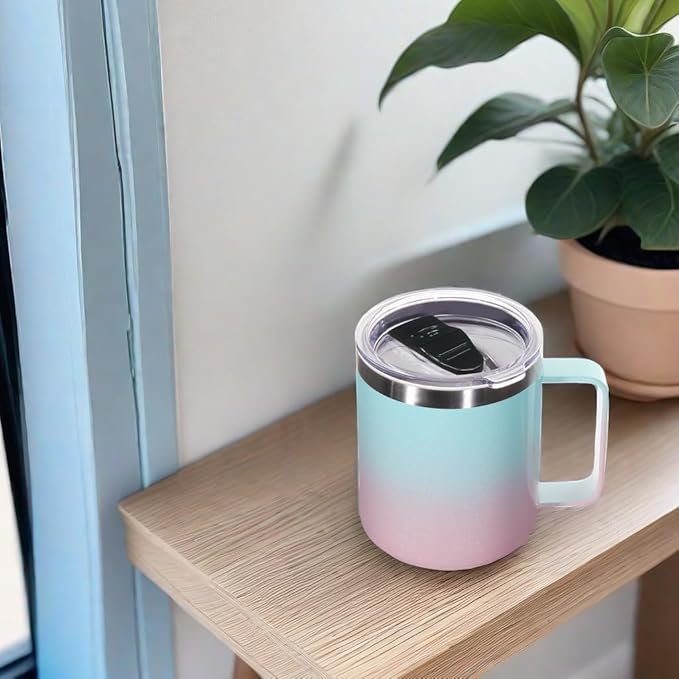 Volhoply 14oz Insulated Stainless Steel Coffee Mug with Lid Bulk 4 Pack,Double Wall Vacuum Travel Coffee Cup with Handle,Reusable Cups Tumbler,Camping Mugs Keep Hot,Ideal Gifts(Green Pink,4)