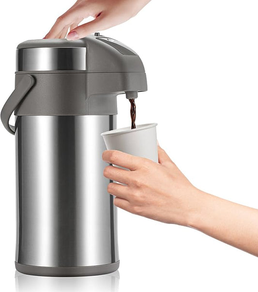 OJOJ 3L/101OZ Thermal Coffee Carafe with Pump, Thermal Beverage Dispenser, Coffee Airpot Stainless Steel Coffee Carafe for Hot Drinks Silver