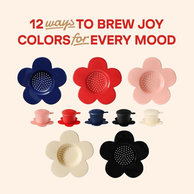 – Vietnamese Coffee Dripper – MIX COLORS – Pour Over Coffee Maker with Flower Design – Reusable Coffee Filter for Sustainable Brewing (Red + Ivory)