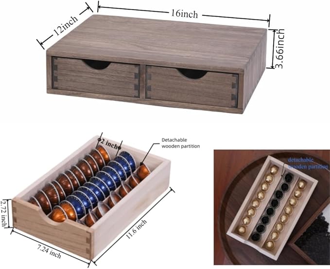 Coffee Pods Storage Drawer Holder for Capsules - Multi Functional Desk Organizer Drawers For K cups Coffee Maker Brew - Kitchen Mini Wooden Box Chest Sideboard Counter Organization CF1D2C Dark