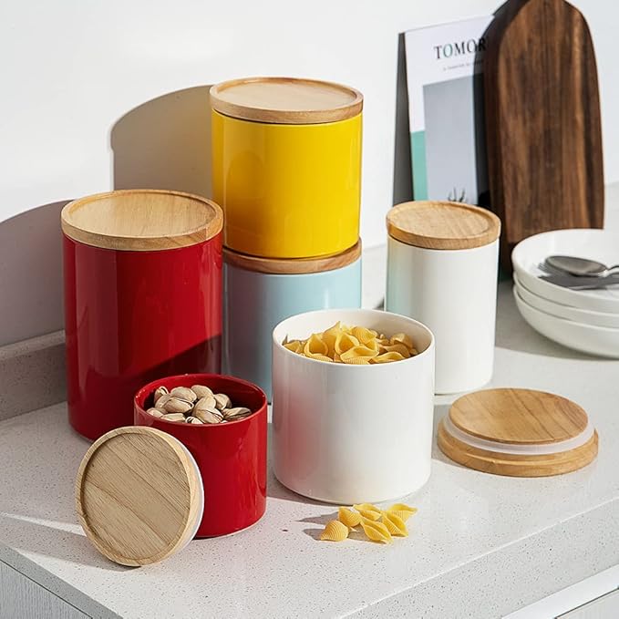 Sweejar Kitchen Canisters Ceramic Food Storage Jar, Stackable Containers with Airtight Seal Wooden Lid for Serving Coffee Bean, Flour, Tea, Spice and More - 39 Fl Oz (Turquoise)