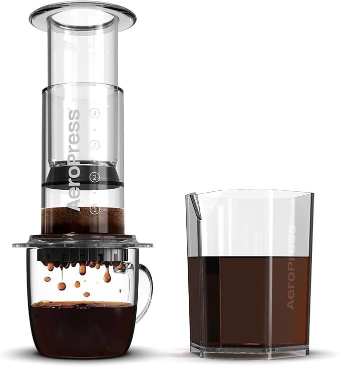 AeroPress Clear Coffee Maker and Carafe Bundle, French Press Coffee Maker, Premium Coffee Press for Smooth Coffee Without Grit or Bitterness, Small Portable, Ideal for Camping & Travel