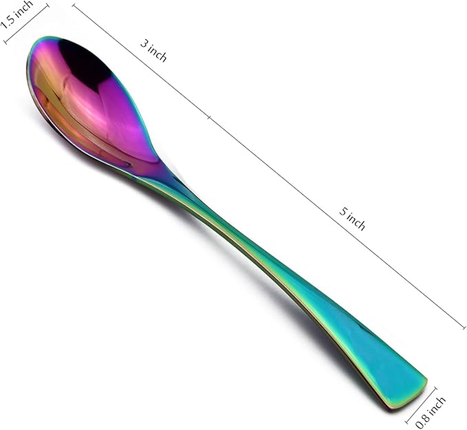 8 Inches 18/10 Stainless Steel Dessert Spoon, Mirror Finished Colorful Rainbow, Set of 6