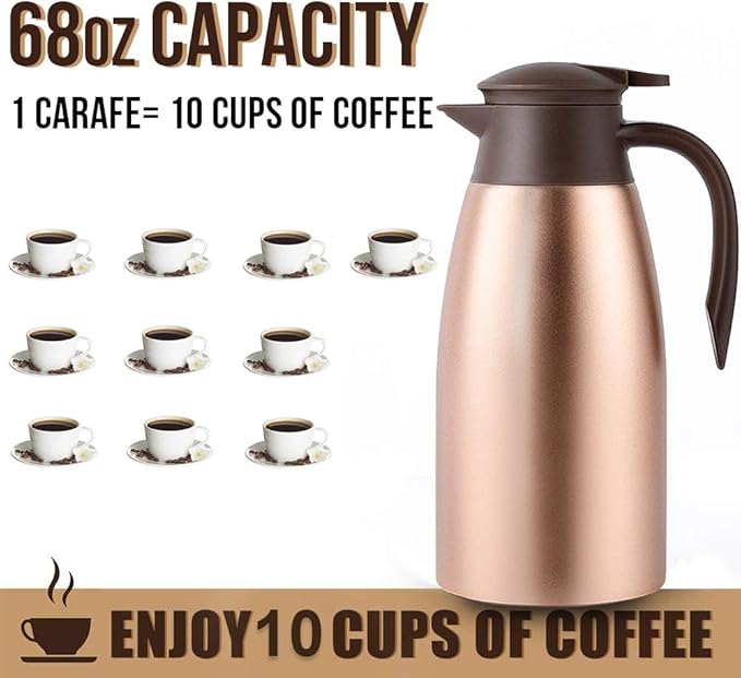 68oz Thermal Coffee Carafe, Stainless Steel Coffee Carafes for Keeping Hot, Airpot Insulated Tea Pot Dispenser for Hot Water, Tea, Hot Beverage - Keep 12 Hours Hot, 24 Hours Cold, Cold