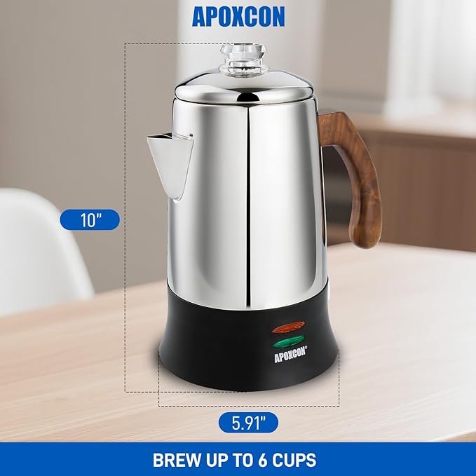 Electric Coffee Percolator Stainless Steel Coffee Maker with Tough Glass Clear Brew Progress Knob & On/OFF Switch Keep Warm Cordless Serve for Home and Hotel Room Use Gift Box Packaging 6 Cup