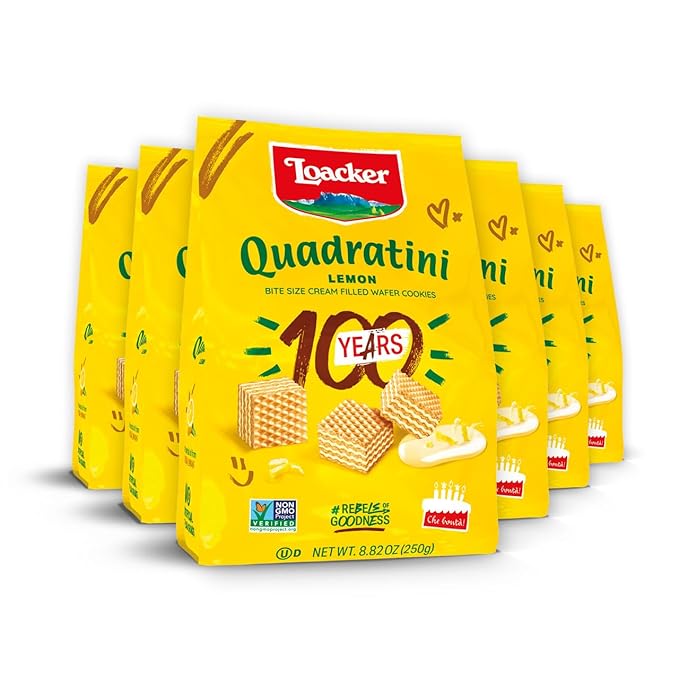 Loacker Quadratini Lemon Wafer Cookies LARGE - 30% Less Sugar - Premium Crispy Bite Size Wafers - NON-GMO - LARGE Pack of 6