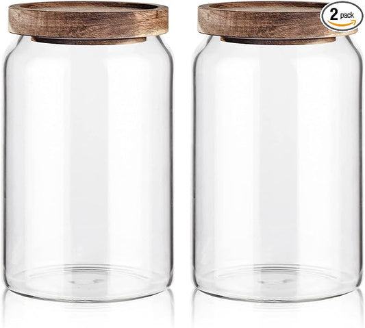 Labina Glass Storage Container Airtight Food Jars Kitchen Canister with Wood Lids, 33 Oz Wide Mouth Pantry Organization Glass Jar for Flour, Sugar, Cookie, Spagetti, Nuts and Candy (2 Pack)