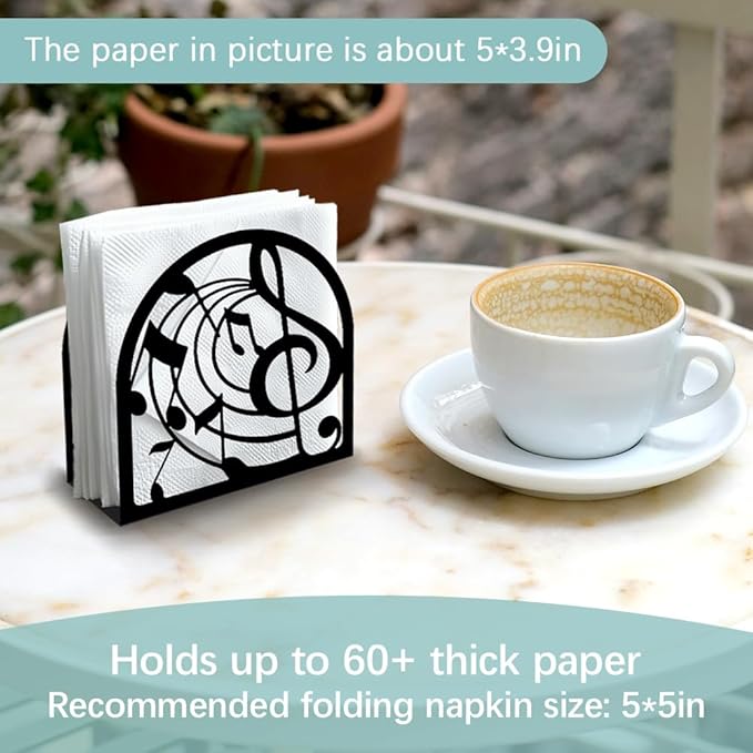 Music Note Decorative Black Metal Napkin Holder for Table, 4.9" x 4.9" x 1.9" Standing Napkin Holder for Home Kitchen Restaurant Picnic Party Coffee Bar Dining Room