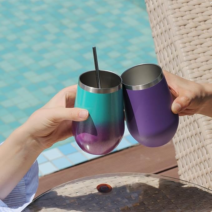 MEWAY 12oz Stainless Steel Wine Tumbler with Lid and Straw - Double Wall Stainless Steel Coffee Mug, Gift for Woman Under 10 dollars， 12 Pack Bulk tumblers(Purple,Set of 12)