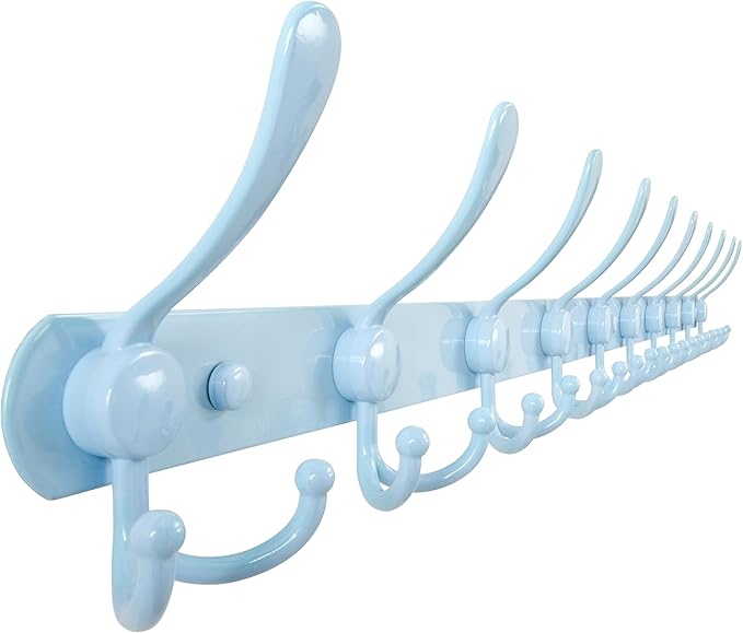Dseap Coat Rack Wall Mount - 38” Long 10-Tri-Hooks Heavy Duty Coat Hanger Rail Wall Hooks for Hanging Coats Hats Clothing Clothes Purse Mudroom Entryway, Blue