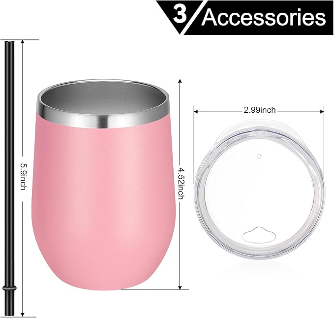 VEGOND Wine Tumblers Bulk 6 Pack, 12oz Stainless Steel Stemless Wine Glass with Lids and Straws, Double Wall Vacuum Insulated Tumbler Cup, Coffee Mug for Cold Hot Drinks