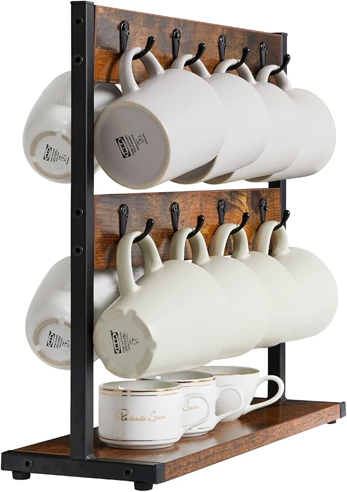 IBUYKE Wood Coffee Mug Holder for Countertop,16 Hook Mug Tree Holder Rack with Storage Base,Mug Display Organizer,Mug Holders for Home Kitchen, Rustic Brown UTBJ001H
