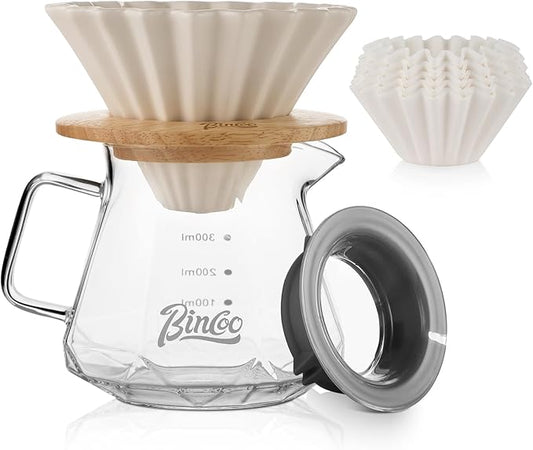 Bincoo 400ML Pour Over Coffee Maker Set with Filter Paper,Ceramic Pour Over Coffee Dripper 1-2 Cups-Professional Coffee Brewing Pot for Home Office(White)
