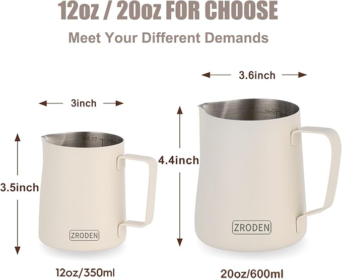 Milk Frothing Pitcher, 12oz Espresso Steaming Pitchers Stainless Steel Milk Coffee Cappuccino Barista Steam Pitchers Milk Jug Cup with Decorating Pen Latte Art, Matte White