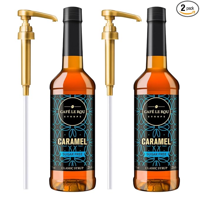 Two bottles of Café Le Rou sugar-free caramel classic syrup with gold pump dispensers, 25.4 fl oz each