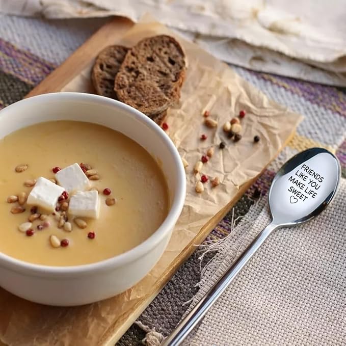 Friends Like You Make Life Sweet Engraved Stainless Steel Spoon, Cute Love Heart Engraved Spoons for Having Coffee Tea, Christmas Birthday Gifts for Coffee Tea Lover Friends Family Bestie