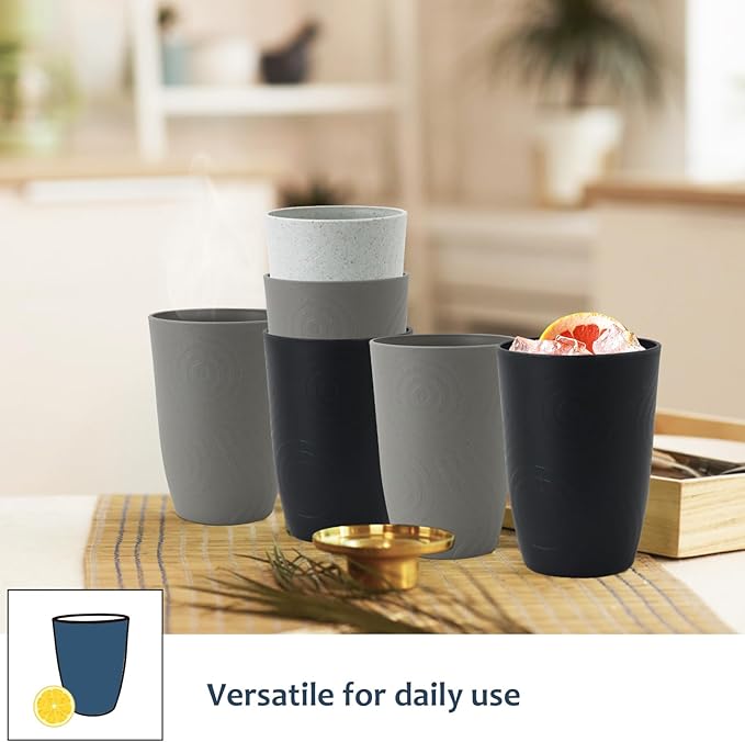 Wheat Straw Cups 6 PCS Plastic Cups Reusable Unbreakable Drinking Cup Dishwasher Safe Water Glasses with Unique Pattern(16 OZ,Black Grey)