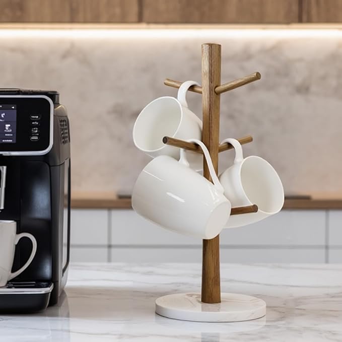 Buruis Wood Mug Holder, Marble Base Cup Rack Tree, Mug Stand Hanger, Kitchen Coffee Tree Countertop Tea Holder Stand, Coffee Cup Dryer with 6 Hooks (Round Base White)