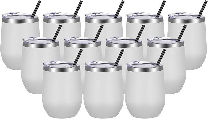 VEGOND Wine Tumblers Bulk 12 Pack, 12oz Stainless Steel Stemless Wine Glass with Lids and Straws, Double Wall Vacuum Insulated Tumbler Cup, Coffee Mug for Cold Hot Drinks