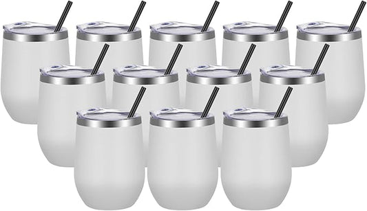 VEGOND Wine Tumblers Bulk 12 Pack, 12oz Stainless Steel Stemless Wine Glass with Lids and Straws, Double Wall Vacuum Insulated Tumbler Cup, Coffee Mug for Cold Hot Drinks