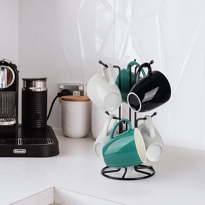 HULISEN Mug Tree for Large Cups, Counter Coffee Mug Holder with 6 Hooks, Metal Coffee Cup Holder Tree, Standing Rack for Countertop, Kitchen Counter Decor, Black