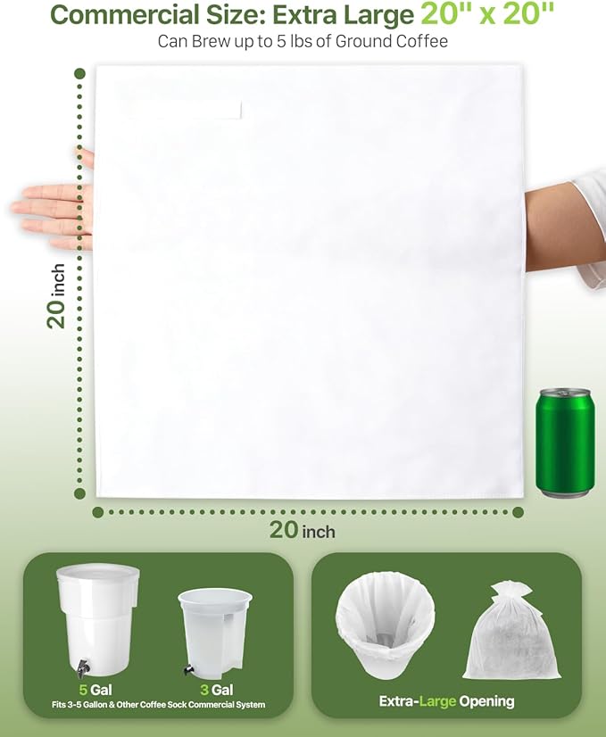Grasseed Cold Brew Filter Bags for Toddy Commercial Coffee Makers, Commercial Cold Brew Bag with Straps Fits 5 Gallon System, 20" x 20", 25Pack