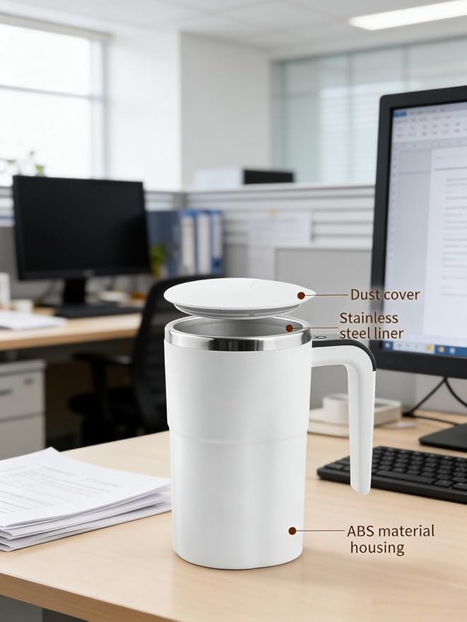 Electric Coffee Mug with a Built-in LCD Thermometer, Automatic Magnetic Stirring Coffee Mug, 380ML/13OZ, Stainless Steel Self Stirring Cup with Lid, Perfect for Brewing Coffe-e, Milk, Cocoa (White)