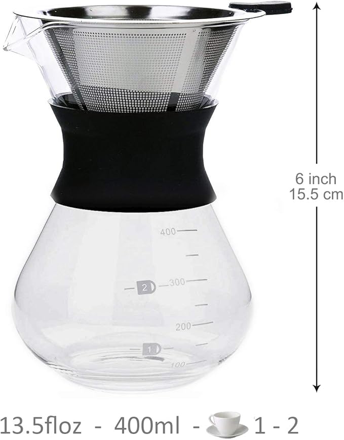 Boxtree Pour Over Coffee Maker Set with Reusable Stainless Steel Drip Filter Elegant Coffee Dripper Pot Glass Carafe & Permanent Stainless Steel Filter