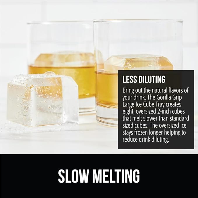 GORILLA GRIP Slow Melting Large Silicone Ice Cube Tray for Freezer, Easy to Push 8 Giant Square Cubes, Use for Cocktails, Iced Coffee, Water Bottle, Frozen Puree, Kitchen Bar Essentials, 1 Pack, Red