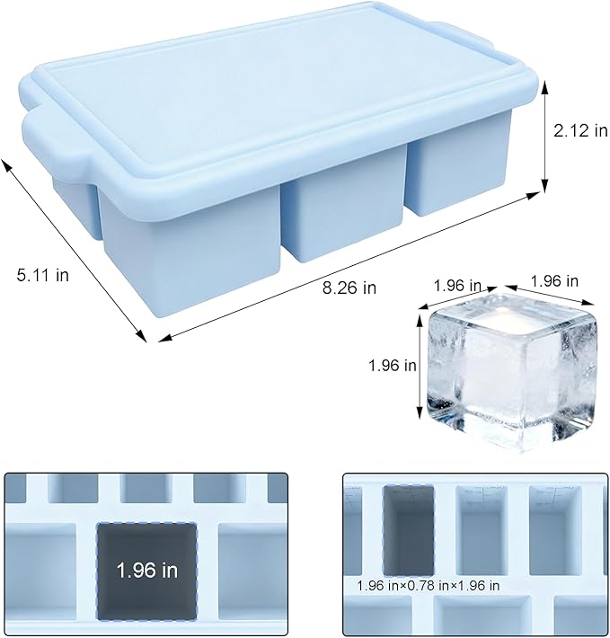 Silicone Ice Cube Tray with Lid 8-Cavity Reinforced Steel Frame Ice Cube Trays Easy Release BPA-Free Makes 3 Large Square & 5 Small Rectangular Ice Trays for Cocktails Whiskey Coffee,Pink