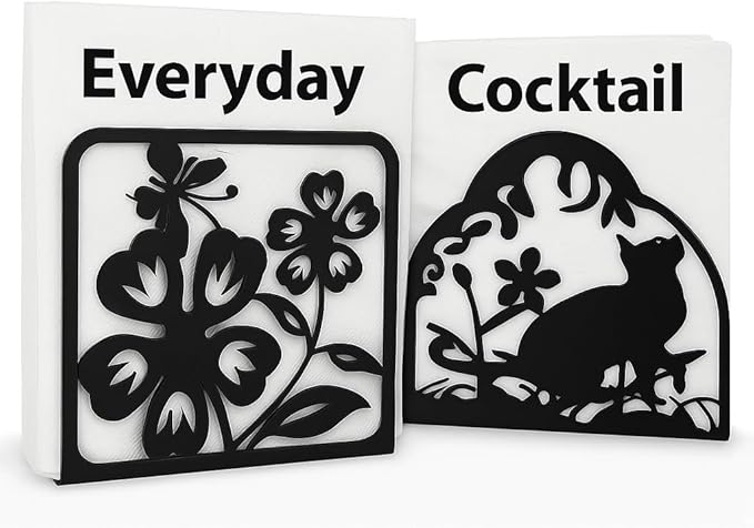 Decorative Metal Napkin Holder Set – Cat & Floral Design – 2 Sizes for Everyday & Cocktail Napkins – Black Modern Kitchen Coffee Filter Holder for Size #2 & #4 coffee filters.
