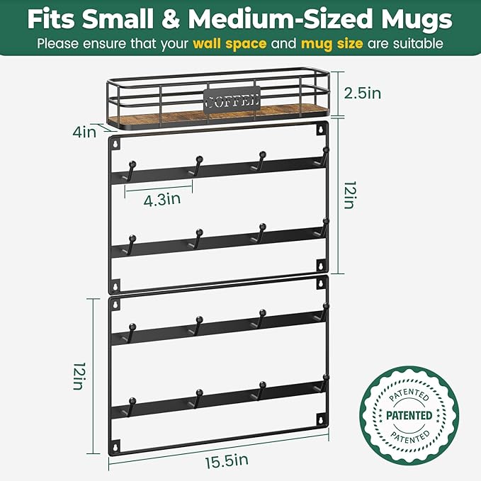 EsLuker.ly Coffee Mug Holder Wall Mounted Display Rack, Black Metal Cup Hanger Organizer with16 Hooks, Wood Rustic Shelf for Coffee Bar Home Kitchen, Space Saving Wall Storage, Black