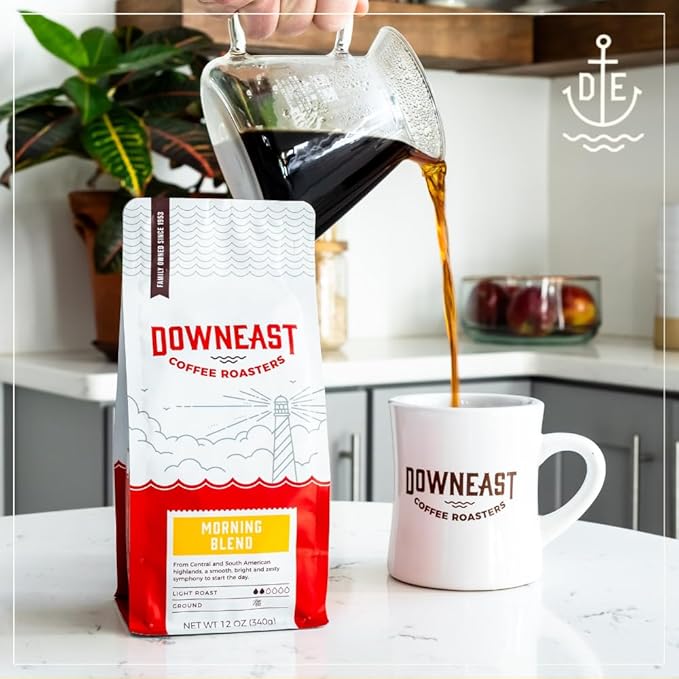 Downeast Coffee Roasters Ground Coffee - Morning Breakfast Blend, Light Roast, 100% Arabica Coffee - Smooth, Bright and Balanced - South American Highlands Ground (12oz bag, Pack of 6)