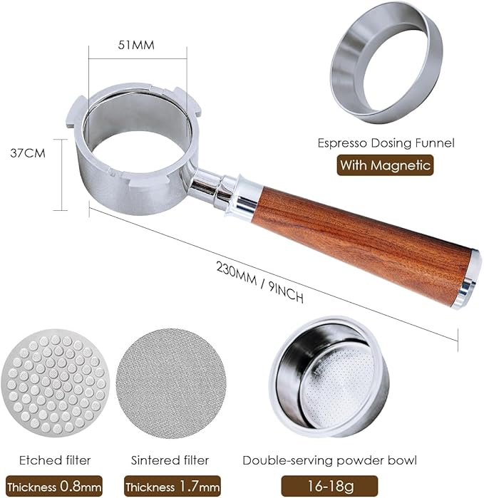 51mm Bottomless Portafilter with 3 Ears – Includes Magnetic Dosing Funnel, Etched & Sintered Filter Screens, Double Shot Basket, Stainless Steel Holder with Redwood Handle, Fits DeLonghi51mm Machines