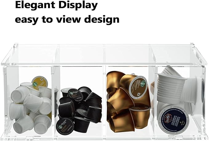Coffee Capsule Holder Acrylic Box K Cup Holder Coffee Pod Storage Clear Acrylic 4 Compartment with Lid Organizer Coffee Bar Accessories