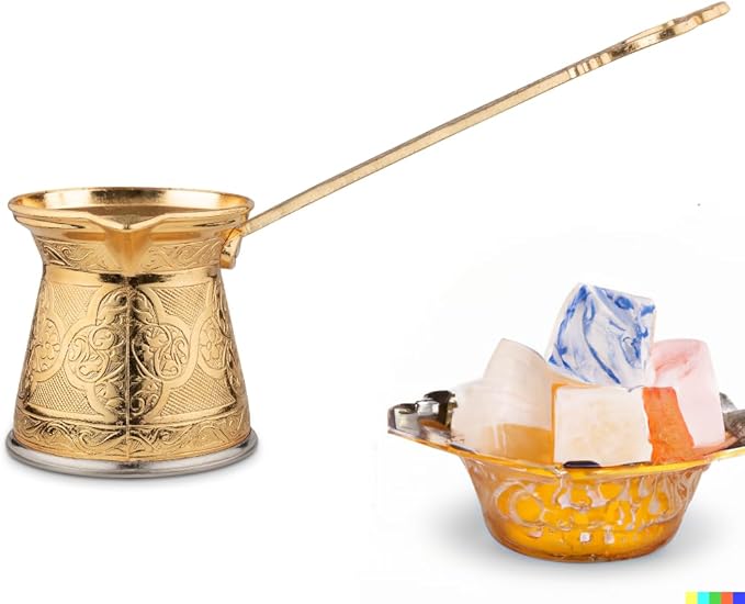 Alisveristime Authentic Turkish Coffee Pot, Handmade Cezve/Ibrik, 2.95-Inch Width, 2.95-Inch Height - 10.14 Ounce Enhance Your Coffee Experience Now! (3 Cup) (Gold)