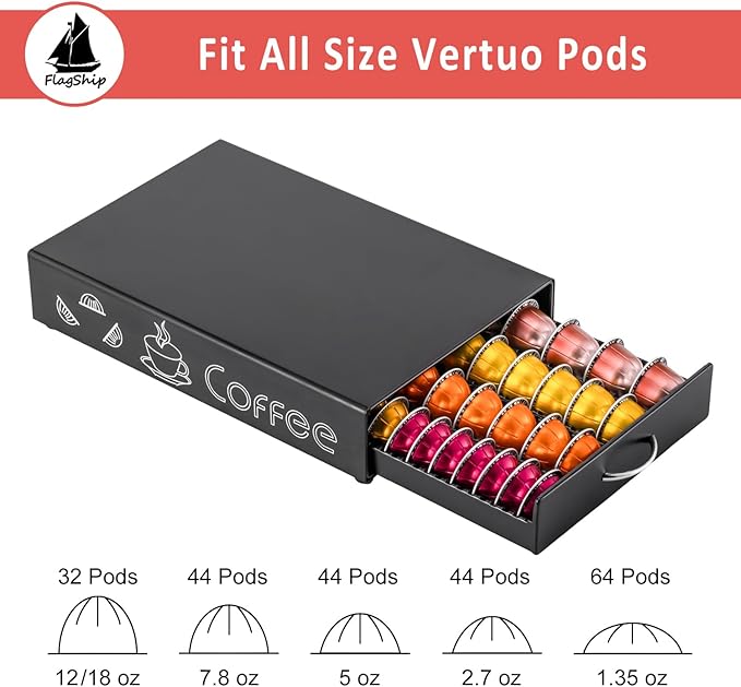 FlagShip for Vertuo Pod Holder Coffee Pod Storage for Nespresso Pod Organizer Black Metal Fits All Size Vertuo Pods