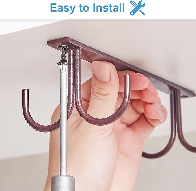 Mug Rack Under Cabinet - Coffee Cup Holder, 12 Mugs Hooks Under Shelf, Display Hanging Cups Drying Hook for Bar Kitchen Utensils Brown