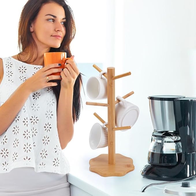 UNICRAFTALE Bamboo Countertop Mug Tree Stand Coffee Cups Holder Bamboo Mugs Racks Under Cabinet 6 Mugs Hooks Under Shelf for Kitchen Coffee Bar Accessories 13.34"x6.88"x7.36"