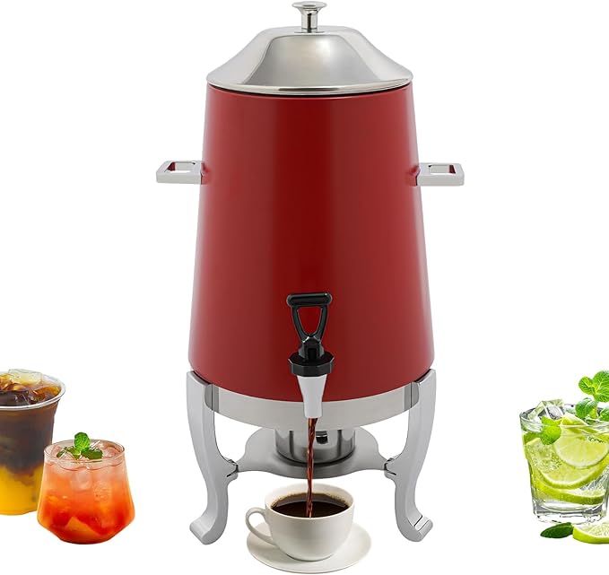 Stainless Steel Beverage Dispensers, Drink Dispenser with Fuel Holder & Base & Stainless Steel Faucet 3.4Gal Hot Beverage Dispenser, Commercial Coffee Urn for Hotels, Canteens（Silver, Red）
