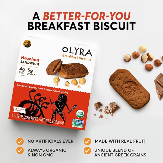 Olyra Hazelnut Cocoa Sandwich Breakfast Biscuits, Healthy Snacks for Adults and Kids, Low Sugar, High Fiber, Organic Vegan Cookies, with Ancient Greek Grains, USDA Certified Organic, Non GMO, 24 Packs