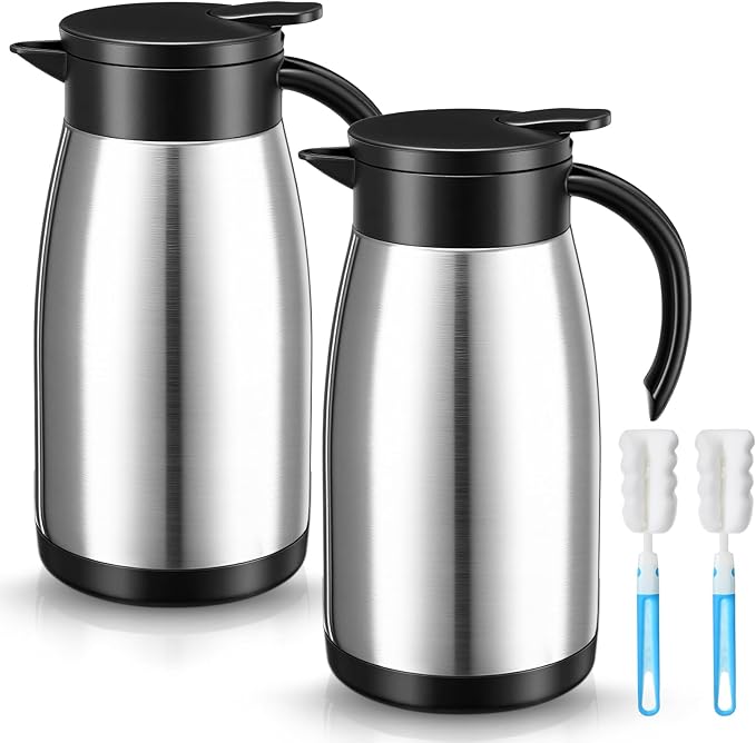 Norme 2 Pcs Thermal Coffee Carafe Insulated Stainless Steel Coffee Carafe for Hot Liquid Vacuum Thermal Pot Creamer Pitcher Dispenser with Brushes Keeping Hot Water Milk (Silver,34 oz)