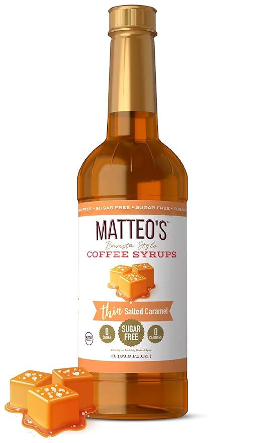 Matteo's Salted Caramel Syrup for Coffee, Lattes, Cappuccinos & Desserts – Sugar-Free Sweetener for Beverages, Keto Friendly, Zero Calories, Indulgent Flavor, Non-Alcoholic, 33.8oz (1pk)