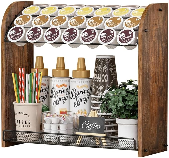 K Cup Holder - 2-Tier K Cup Organizer, Metal Coffee Pod Holder for Counter, Easy Assembly (Rustic Brown)
