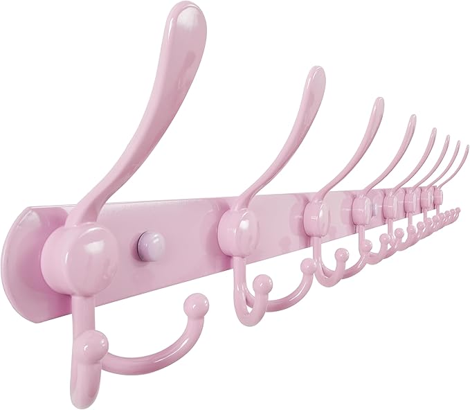 Dseap Coat Rack Wall Mount - 29.5” Long 8-Tri-Hooks Heavy Duty Coat Hanger Rail Wall Hooks for Hanging Coats Hats Clothing Clothes Purse Mudroom Entryway, Pink