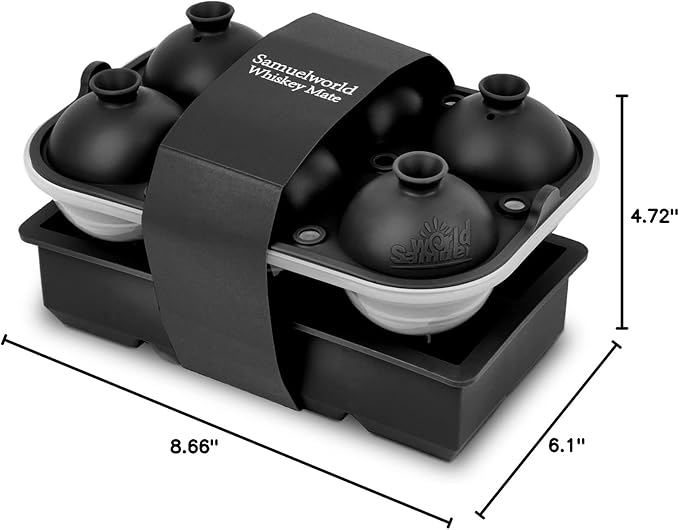 Samuelworld Premium Ice Tray Combo, Large Ice Sphere Maker & Giant Ice Cube Trays, 2 Packs, Food Grade, Easy To Use, Spill-Free Integrated Funnels, Whiskey Bourbon Cocktails (Black)