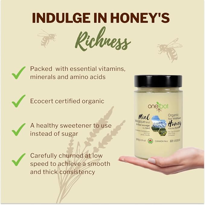 Oneroot 100% Organic Canadian Wildflower Honey - 17.6 Oz/1.1 Lbs, Unheated & Creamed - Nutrient-Rich, Natural Sweetener with Enzymes - Thick & Pure Raw Unfiltered Honey