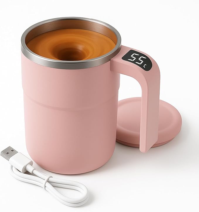 Electric Coffee Mug with a Built-in LCD Thermometer, Rechargeable Automatic Magnetic Self Stirring Coffee Mug, for Brewing Milk, Cocoa, Portable Travel Mug for Office Home, 380ml (Pink)