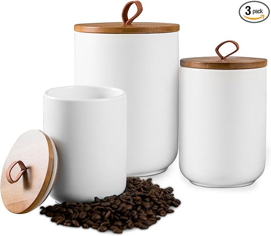 White Canister Sets for Kitchen, 3pcs Ceramic Canisters with Airtight Wooden Lid, Food Storage Jar, Large Kitchen Storage Containers for Serving Coffee Beans, Tea, Sugar, Salt, Spices