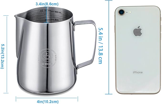Milk Frothing Pitcher 32oz,Espresso Steaming Pitchers 900ml,Espresso Machine Accessories,Milk Frother Cup 32 Oz,Coffee Cappuccino Latte Art,Stainless Steel Jug
